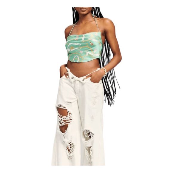 SER.O.YA Ellison Nautical Print Silk Crop Top Green Halter Cowl Neck Sleeveless - Picture 5 of 7